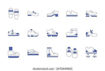 Shoes icon set. Duotone style line stroke and bold. Vector illustration. Containing shoes, trainer, sneaker, footprints, sport shoe, dance shoes, football, flat, flying, tap shoes.