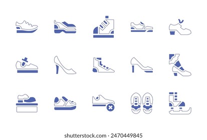 Shoes icon set. Duotone style line stroke and bold. Vector illustration. Containing trainers, high heels, tap, shoes, shoe, sport, baby shoes, ice skating, no shoes, sneakers.