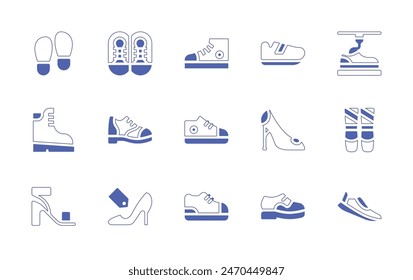 Shoes icon set. Duotone style line stroke and bold. Vector illustration. Containing footprint, shoes, shoe label, sneaker, boots, running shoes, shoe, ballet, high heels.