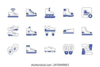 Shoes icon set. Duotone style line stroke and bold. Vector illustration. Containing soles, football boots, boots, baby shoes, smart, shoes, sneakers, last, ice skating shoes, shoe.