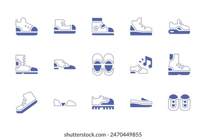 Shoes icon set. Duotone style line stroke and bold. Vector illustration. Containing shoe, sneakers, flat shoes, shoes, tap music, sneaker, hiking, baby, ballet.