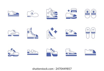 Shoes icon set. Duotone style line stroke and bold. Vector illustration. Containing boots, brush, shoes, sneakers, slippers, baby shoes, shoe.
