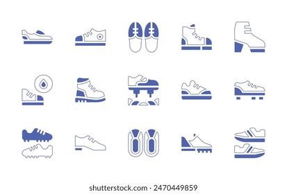 Shoes icon set. Duotone style line stroke and bold. Vector illustration. Containing shoes, sneakers, waterproof, female shoes, football shoes, shoe.