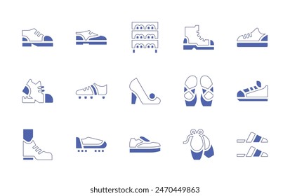 Shoes icon set. Duotone style line stroke and bold. Vector illustration. Containing boot, ballerina, shoes, ballet shoes, sneakers, shoe.