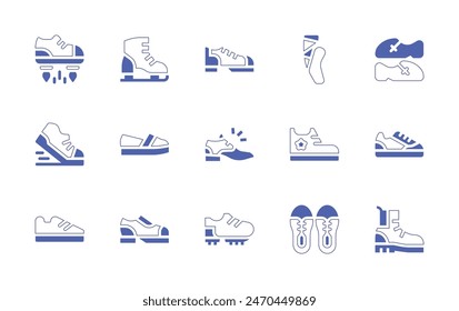 Conjunto de iconos de zapatos. Trazo de línea de estilo duotono y negrita. Ilustración vectorial. Contiene ballet, zapatos voladores, ropa, zapatos, zapatillas, bota, zapatos planos, zapato, patinaje sobre hielo.