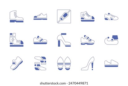 Shoes icon set. Duotone style line stroke and bold. Vector illustration. Containing boots, boot, sport, shoes, heels, flat, no shoes, shoe.