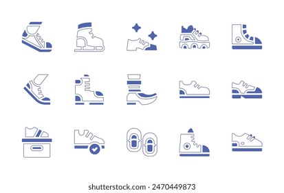 Shoes icon set. Duotone style line stroke and bold. Vector illustration. Containing run, shoe, trainers, sneakers, running, shoes, ice skating shoes, baby shoes.