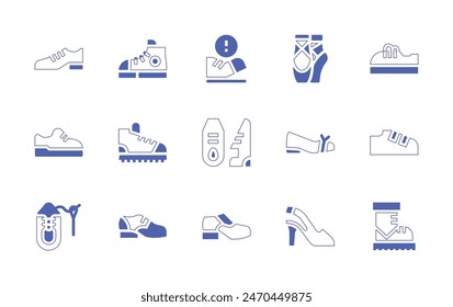 Shoes icon set. Duotone style line stroke and bold. Vector illustration. Containing sport shoes, ballet, shoes, ballet flats, high heel, snow boot, shoe making, clown, shoe.