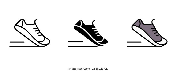 Shoes icon set in moving form, outlined silhouette and in editable colored format jogging shoes icon