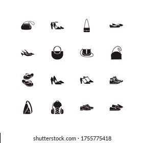 Shoes icon set and satchel with handbag, sling bag, camping bag. Ring bag related shoes icon vector for web UI logo design.