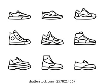 Shoes icon set. Sneakers vector illustration collection. Casual, sports and classic style footwear symbol. Fashionable trendy shoe collection. Sportswear pictogram. Elegant leather boots silhouette.