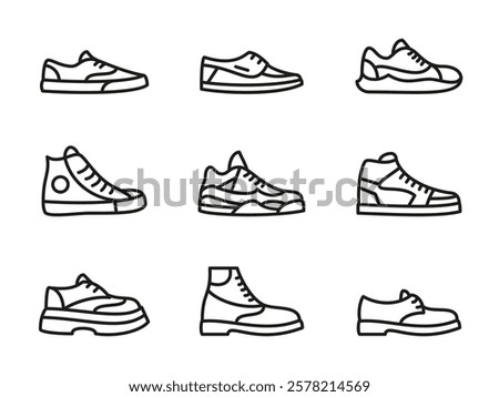 Shoes icon set. Sneakers vector illustration collection. Casual, sports and classic style footwear symbol. Fashionable trendy shoe collection. Sportswear pictogram. Elegant leather boots silhouette.