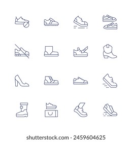 Shoes icon set. Thin line icon. Editable stroke. Containing shoesoff, shoes, shoppingbag, noshoes, walking, boot, highheels, soccer, walk, running.