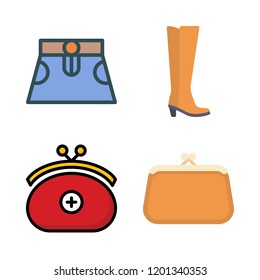 shoes icon set. vector set about purse, boot and skirt icons set.