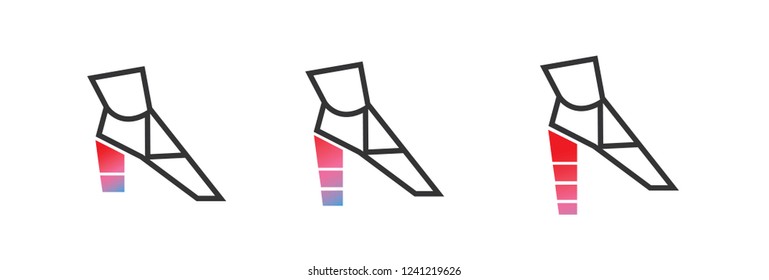Shoes icons. Different heel height. Done by the line. Grey colour. Heel gradient blue and pink color.
