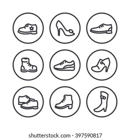 Shoes icons, heels, boots, sports shoes, trainers thick line icons in circles, vector illustration