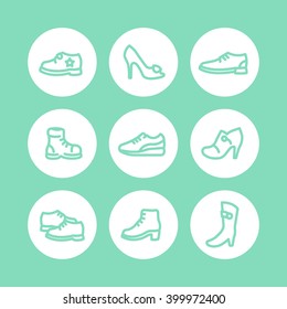 Shoes icons, heels, boots, sports shoes, trainers isolated thick line icons, vector illustration