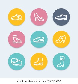 Shoes icons, heels, boots, sports shoes, trainers round thick line icons set, vector illustration