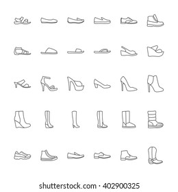 Shoes icons. Icons men and  women fashion shoes. Line icons on white background