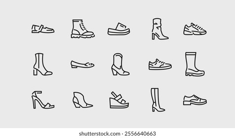 Shoes icons. Set of 15 trendy minimal icons. Example: Sneakers, Slippers, Boots icon. Design signs for web page, mobile app, packaging design. Vector illustration.