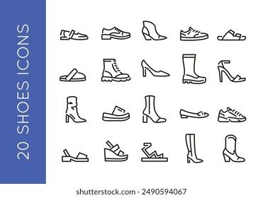 Shoes icons. Set of 20 trendy minimal icons. Example: Sneakers, Slippers, Boots icon. Design signs for web page, mobile app, packaging design. Vector illustration.