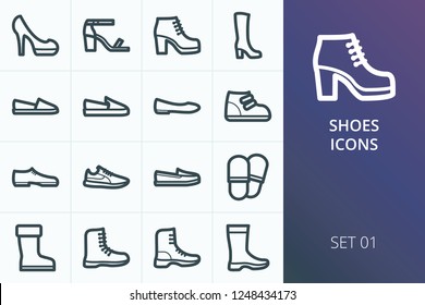 Shoes icons set. Set of felt boots, ballet flat shoes, moccasins, espadrille, knee high boots, high heels sandals and shoes vector icons