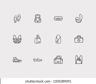 Shoes icons set. Flip-flops and shoes icons with safari bag, sling bag and hobo. Set of sale for web app logo UI design.