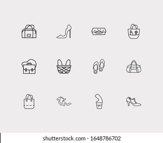 Shoes icons set. Flip-flops and shoes icons with satchel, ankle strap shoes and t-strap shoes. Set of apparel for web app logo UI design.