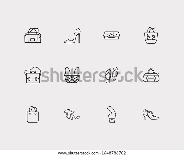 Shoes icons set. Flip-flops and shoes icons with\
satchel, ankle strap shoes and t-strap shoes. Set of apparel for\
web app logo UI design.