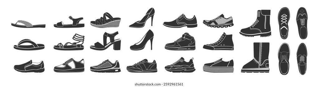 Shoes icons set. Footwear icons set. Set of men's and women's shoes. Fashion, shoeshop concept. Different Seasons. Sneakers, shoes, boots, flip flops, sandals and more