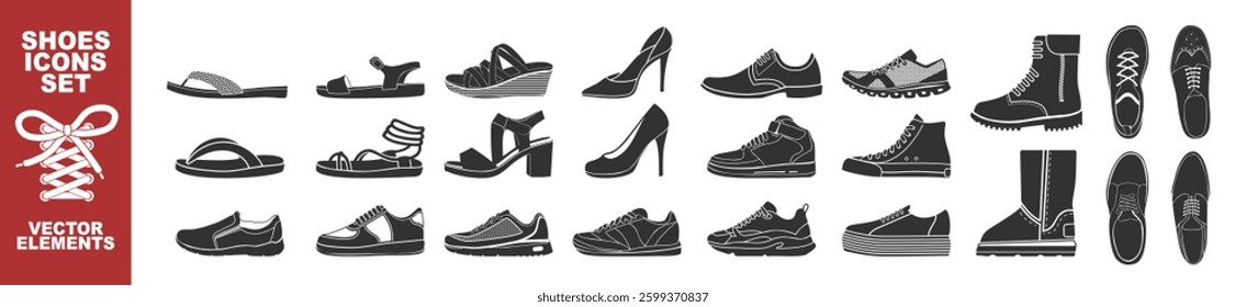 Shoes icons set. Footwear icons set. Set of men's and women's shoes. Fashion, shoeshop concept. Different Seasons. Sneakers, shoes, boots, flip flops, sandals and more