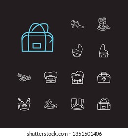 Shoes icons set. Gumboots and shoes icons with doctor bag, safari bag and half moon bag. Set of model for web app logo UI design.