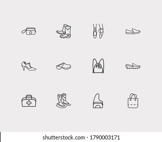 Shoes icons set. Gumboots and shoes icons with slip-ons, clogs and wristlet bag. Set of baggage for web app logo UI design.