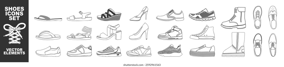 Shoes icons set in line style. Set of men's and women's shoes. Fashion, shoeshop concept. Different Seasons. Sneakers, shoes, boots, flip flops, sandals and more