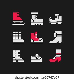 Shoes icons set, pixel art style, skates, sneakers and winter boots, design for web, sticker, logo, mobile app, isolated black and white vector illustration. Game assets.