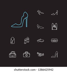 Shoes icons set. Sandals and shoes icons with kitten heel shoes, cone heel shoes and footwear. Set of baggage for web app logo UI design.