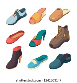 Shoes isometric. Fashion foot shoe boots sandals slippers clothes vector collection isolated