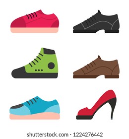 Shoes for kids, men and women set. Vector cartoon flat icons isolated on white background.