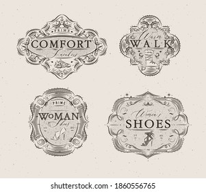 Shoes labels vintage with inscriptions comfort sneakers, warm walk, woman footwear drawing in retro style on beige background
