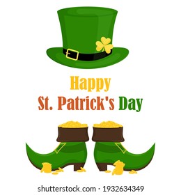 Shoes and a leprechaun hat for the St. Patrick's Day holiday Flat cartoon vector illustration isolated on a white background.