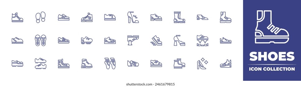 Shoes line icon collection. Editable stroke. Vector illustration. Containing boots, run, cover, sneakers, shoes, ballet, running shoes, last, football shoes, sport shoe, shoe.