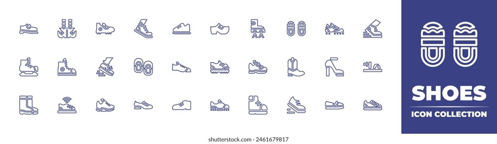 Shoes line icon collection. Editable stroke. Vector illustration. Containing running, hiking boots, trainer, sneakers, shoes, smart shoes, shoe, water boots, ice skate, sport, baby.