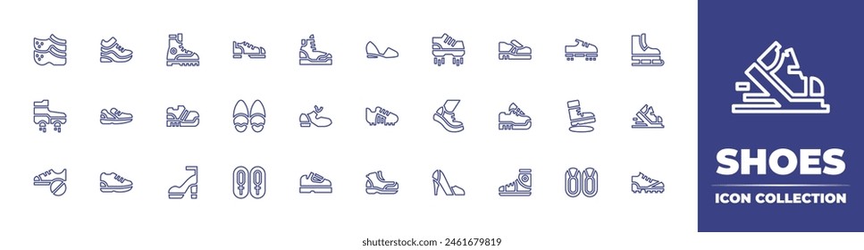 Shoes line icon collection. Editable stroke. Vector illustration. Containing walking, running, heels, sneakers, no shoes, football shoes, flying shoe, sport shoe, shoe, shoes, tap, boot.