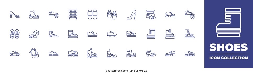 Shoes line icon collection. Editable stroke. Vector illustration. Containing ballerina, boots, shoes, tap music, shoe, sport, ice skating shoes, flamenco, baby shoes, ice skate.