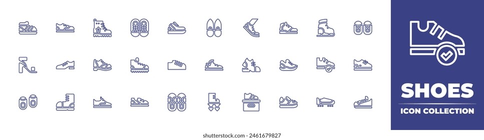 Shoes line icon collection. Editable stroke. Vector illustration. Containing shoes, shoe, running shoes, sneaker, running, boot, sneakers, high heels, flying, baby, ice skating.