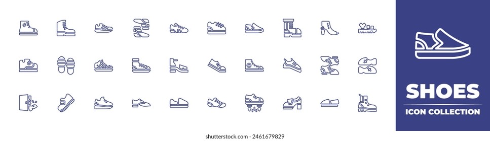 Shoes line icon collection. Editable stroke. Vector illustration. Containing boot, climbing, trainers, flying, sneakers, footprints, shoes, kick off, flat, shoe, sneaker.