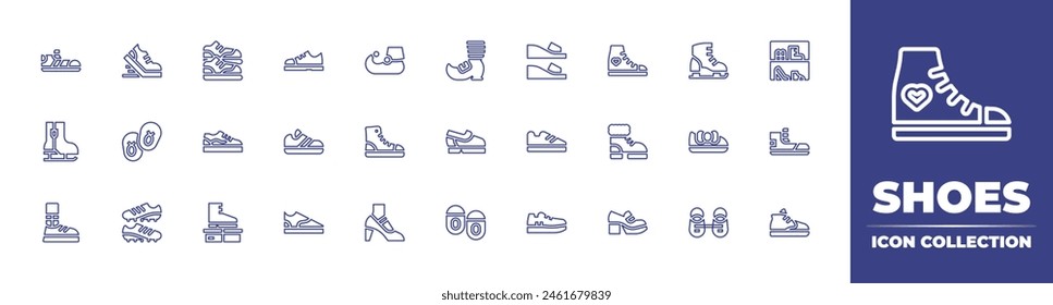 Shoes line icon collection. Editable stroke. Vector illustration. Containing football boots, boots, sneaker, baby, high heels, shoes, sneakers, heels, ice skating, sport shoes, shoe.