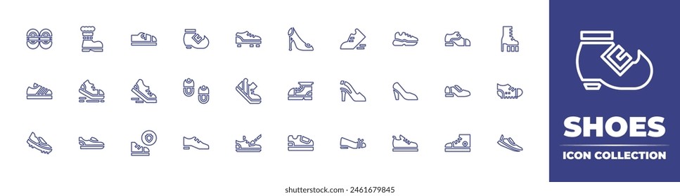 Shoes line icon collection. Editable stroke. Vector illustration. Containing high heel, walk, shoes, product durability, ballet flats, sneakers, running shoes, shoe, trainers, football shoes.