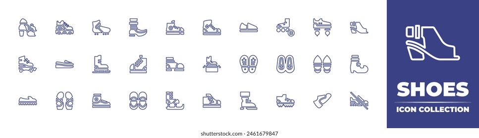 Shoes line icon collection. Editable stroke. Vector illustration. Containing soles, flat, boot, ballet, shoes, shoe box, rollerblade, football, baby, shoe, no shoes.