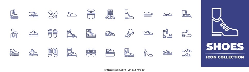 Shoes line icon collection. Editable stroke. Vector illustration. Containing sneakers, sport shoes, shoe, shoes, slippers, high heels, tap shoes, shopping bag, converse, footprints.